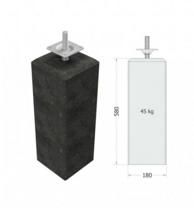 Betonpoer L 18x18x58 cm. antraciet met stelplaat en M20 draadeind OP=OP ~
