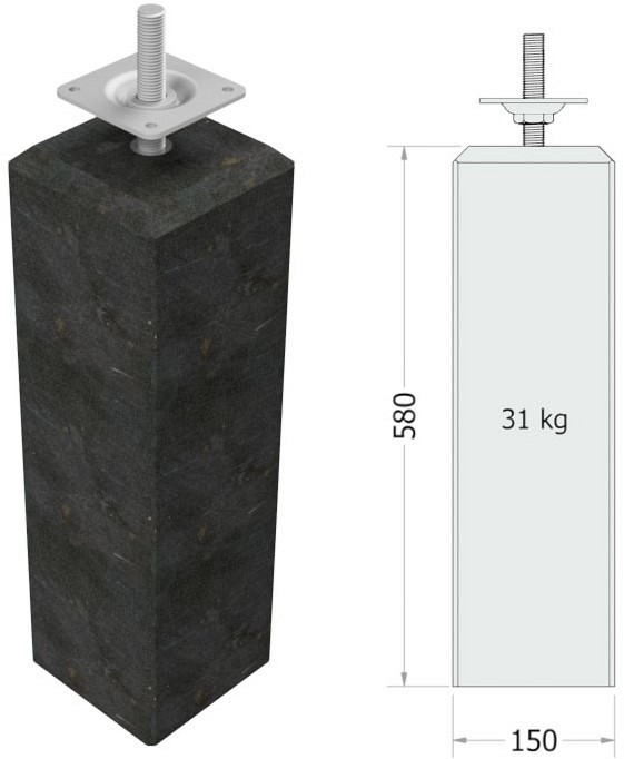 Betonpoer M 15x15x60 cm. antraciet met stelplaat en M16 draadeind ~