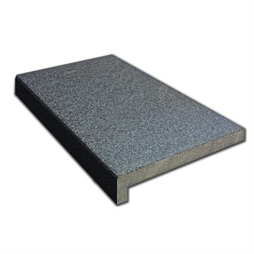 Chinese basalt G684 randtegel gevlamd type E hoekradius rechts 53/30x50/30x5/3 cm. ~