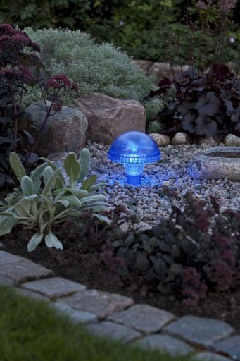 Assisi LED Solar paddestoel op tuinspies 27.5cm, blauw, 1x 0.06W, schemerschakelaar, op batterij ~