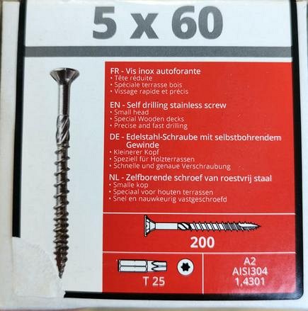 Schroef Torx zelfborend SS304 A2 5x60 mm. 200 st. met bit ~