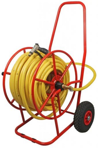 Professionele haspel met luchtbanden gemonteerd 50M - 3/4" met gele tuinslang no twist en 3/4" messing koppelingen + pistool  volledig gebruiksklaar ~