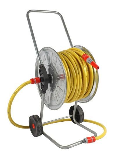 Haspel, volledig verzinkt, gemonteerd 50M - 1/2" met gele tuinslang en 3/4" pvc koppelingen ~