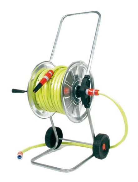 Haspel, volledig verzinkt, gemonteerd 25M - 5/8" met gele tuinslang en 3/4" pvc koppelingen ~