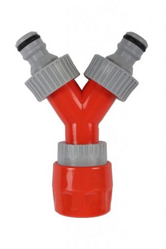 Y-vertakking met 2 opgeschroefde kraannippels en 1 snelkoppeling   PVC in blister ~