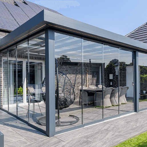 Verasol Linea BxD 4000x4000 mm. 2 staanders 5 dakvlakken excl. glas ~