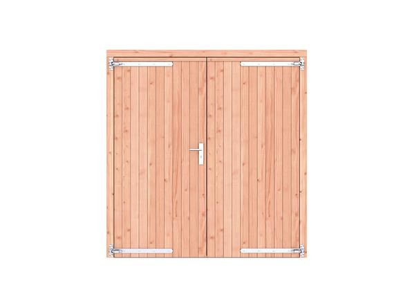 Douglas dichte dubbele deur 201x209 cm. verzinkte hengen RVS beslag onbehandeld. ~