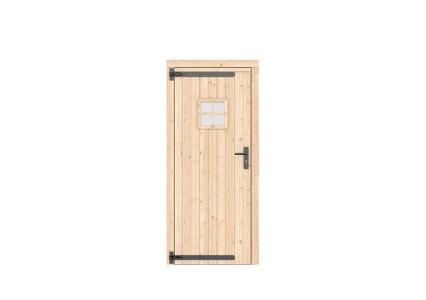 Vuren dichte enkele deur met ruitje 90x201 cm. linksdraaiend zwarte hengen zwart beslag kleurloos geimpregneerd. ~