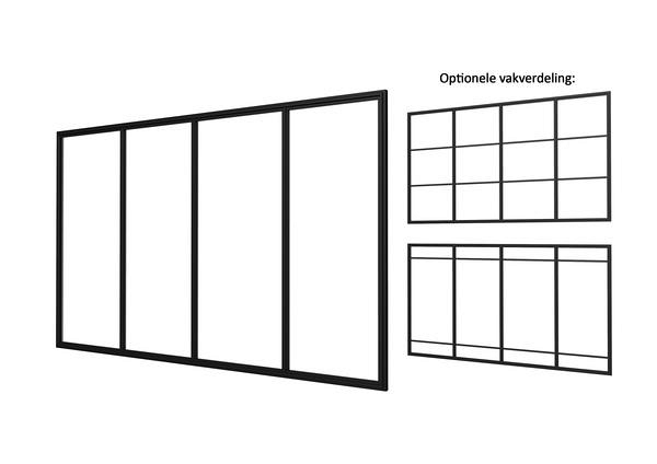 Industriële glaspui E zwart gecoat aluminium raamwerk 371x224 cm. ~