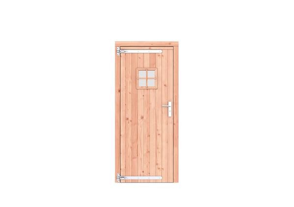 Douglas dichte enkele deur met ruitje 90x201 cm. linksdraaiend verzinkte hengen RVS beslag onbehandeld. ~