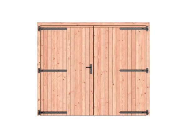 Douglas dichte dubbele deur 250x209 cm. zwarte hengen zwart beslag kleurloos geimpregneerd. ~