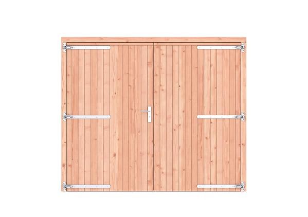 Douglas dichte dubbele deur 250x209 cm. verzinkte hengen RVS beslag kleurloos geimpregneerd. ~