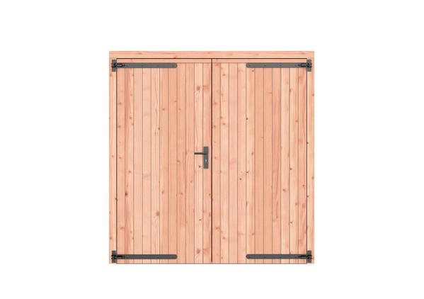 Douglas dichte dubbele deur 201x209 cm. zwarte hengen zwart beslag onbehandeld. ~